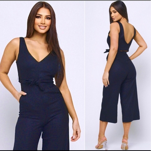 ValMarie Pants - New! Flattering Dark Navy Culotte Wide Leg V-neck Jumpsuit